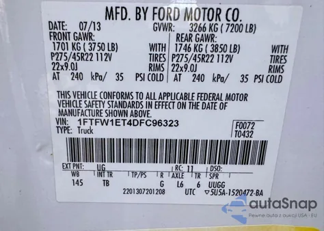 2013 Ford F150 Supercrew z USA, uszkodzony, nr VIN 1FTFW1ET4DFC96323